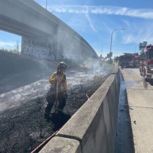 Here are a few options, with the best one at the top:

Tacoma Brush Fire Disrupts State Route 16 Traffic
Brush Fire Slows Traffic on SR 16 in Tacoma
SR 16 Backed Up Due to Tacoma Brush Fire