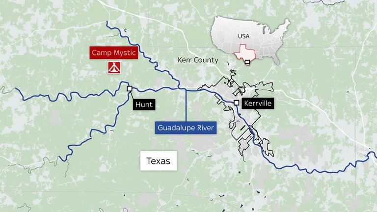 A map showing the Guadalupe River in Kerr County, which burst from heavy rain and caused flash flooding